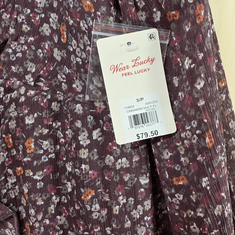 Lucky Brand Womens Floral Ruffle V-Neck Blouse Burgundy Long Sleeve Small NWT - Picture 12 of 16